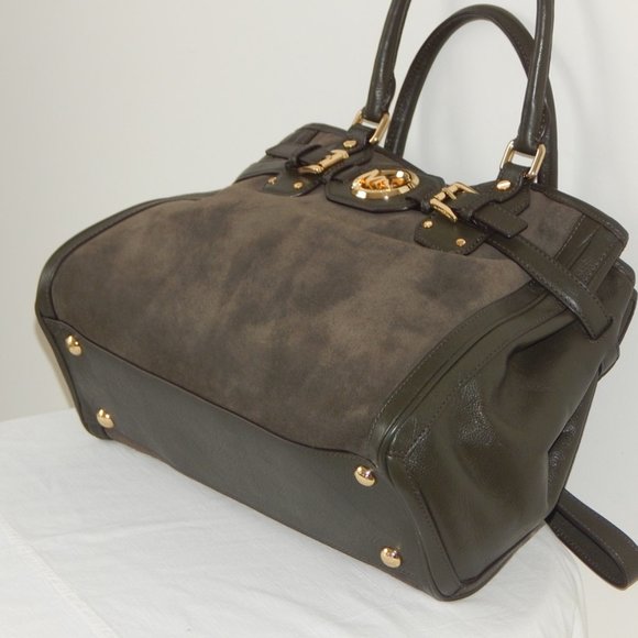 MICHAEL KORS HUDSON Leather Suede Large Tote Satchel Shoulder BAG Dark Olive NWT - Picture 8 of 14